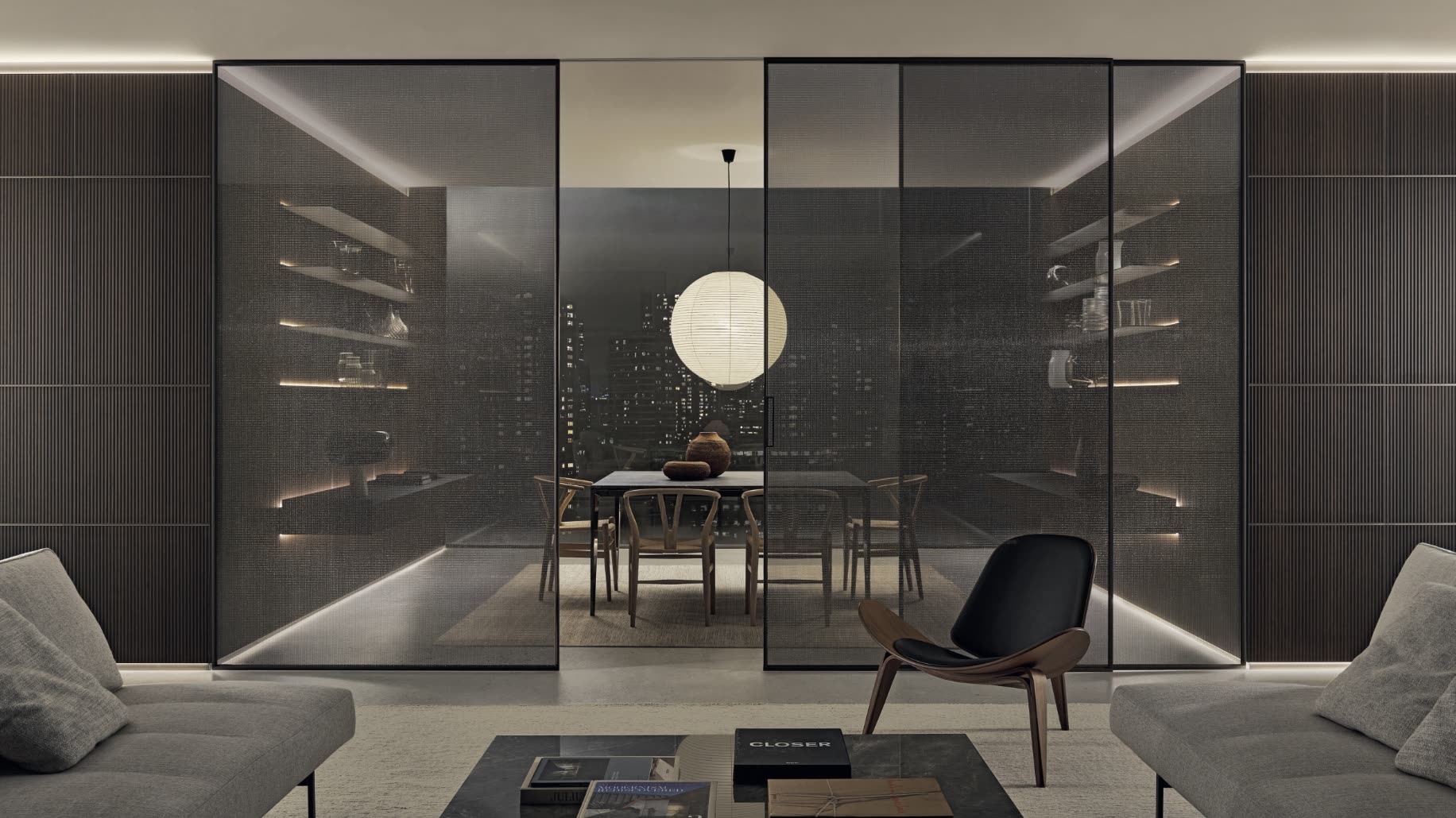 Rimadesio Velaria living room at dusk